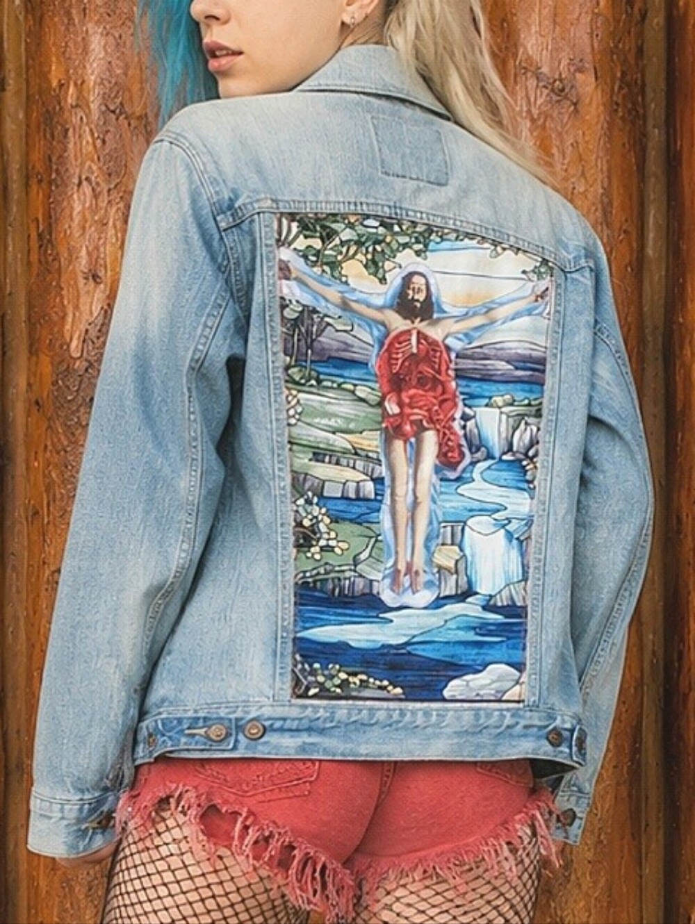 Vintage Levi's Trucker Jacket + Reinhold Niebuhr Metal Crucifix Tapestry Patch